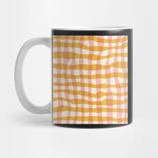 Abstract organic wonky played, gingham pattern in soft pink and golden mustard Mug